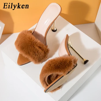 Eilyken 여성용 푹신한 모피 포인티드 토 슬리퍼, 패션 디자인 스틸레토, 하이힐 뮬 슬라이드 슈즈, 숙녀 샌들, 여름