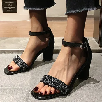 

Fashion wild women summer buckle ankle strap peep toe sequins high heel bag sandals casual comfortable high heel sandals