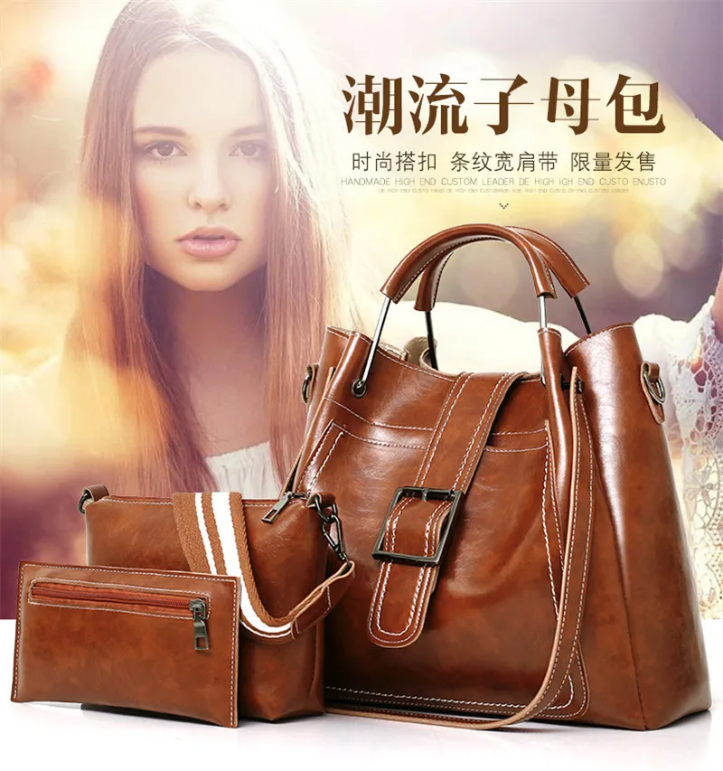 

Different Size Bags Oil Skin Shoulder Oblique Bag 2019 New Style WOMEN'S Bag Europe And America Fashion Three-piece Set Bucket B