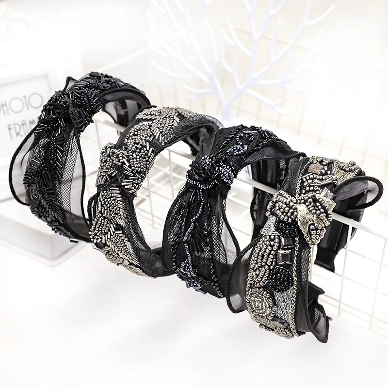 Vintage Bezel Bead Rhinestone Pearl Lace Hair Bands For Women Clips Knot Headband Girls Accessories Hairpin Opaska |