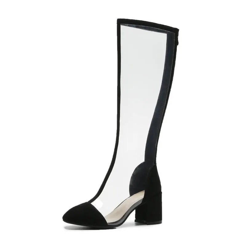 Eokkar/ г. Женские сапоги до колена прозрачные дождевые ботинки мягкие Универсальные женские сапоги на молнии с квадратным носком Большие размеры 34-41 - Цвет: Black flock