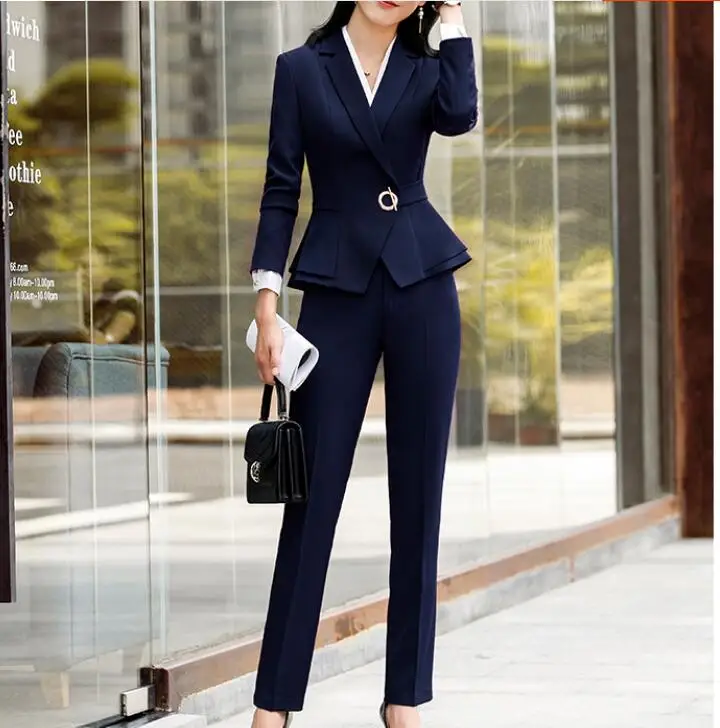 Нарядные Костюмы Офисная Женская Одежда элегантная официальная Женская деловая работа Блейзер Куртка карандаш платье комплект из двух предметов плюс размерная форма - Цвет: Navy Blue