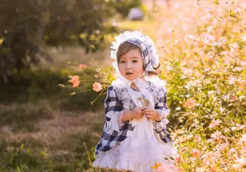 

3PCS Baby Girl Autumn Winter Long Sleeve Blue Plaid England Vintage Turkish Spanish Princess Gown Dress for Birthday Christmas