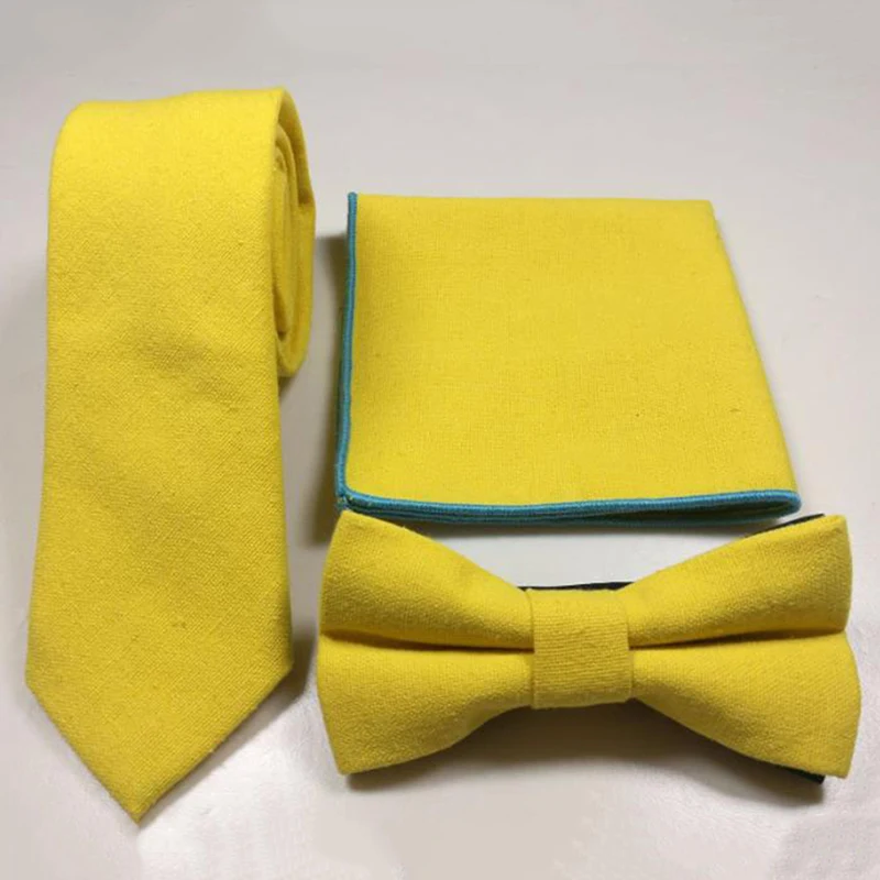 yellow Hot Classic Fashion Cotton Linen Tie Pocket Towel Bow Tie Three-piece Cocktail Talks Square Scarf Tie Sets Accessories - Color: yellow