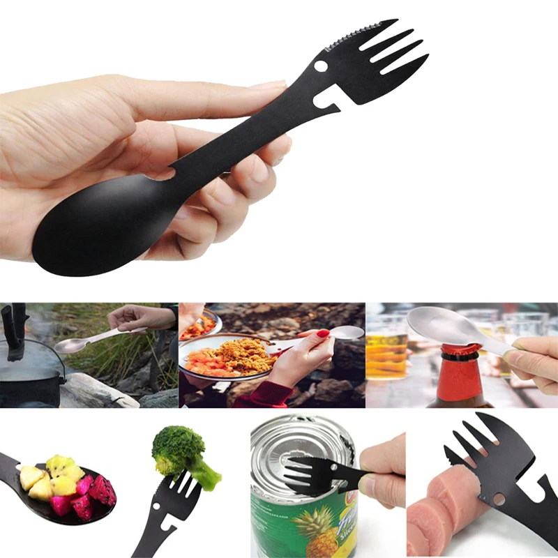 

Stainless steel tableware flatware spoon utensil Spork cutlery Picnic fork can opener Portable multi tool multitool bottle camp