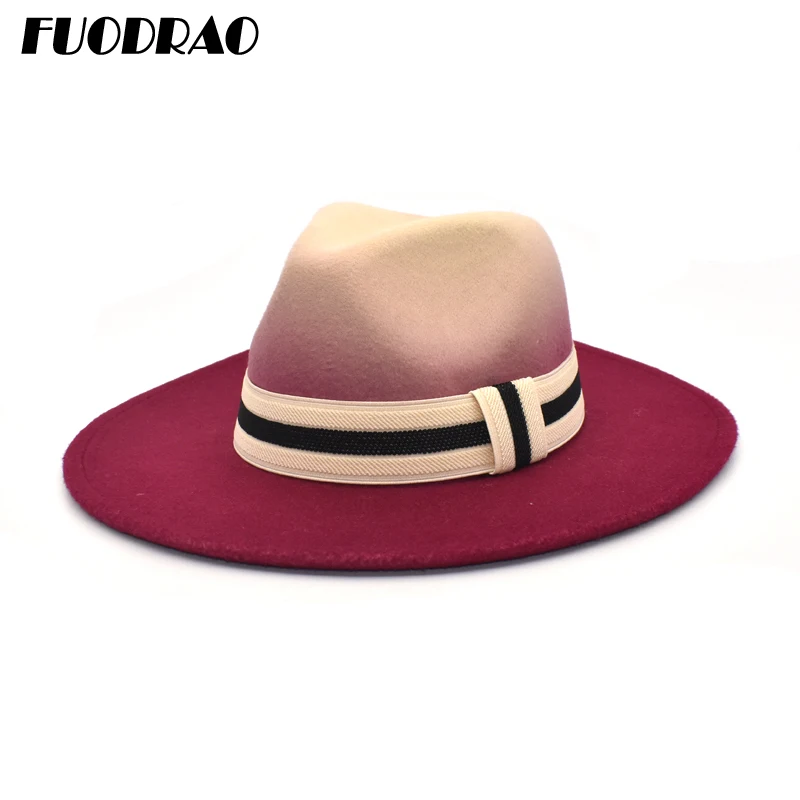 

FUODRAO New Fedora Hat Women Winter Wool Ribbon Tie dye Panama High Quality Large Brim Jazz Cap Men Vintage Bowler Hats D18