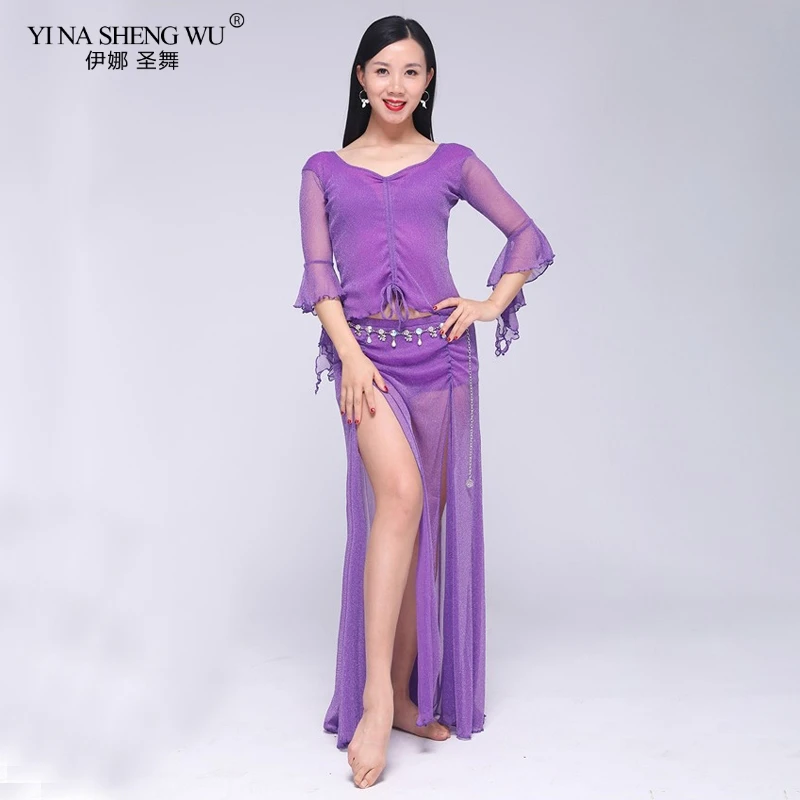 

Belly Dance Clothes Sexy Half Sleeves Top+Long Split Skirt 2pcs Set New Women Bellydance Dress Practice Costumes Dance Wear