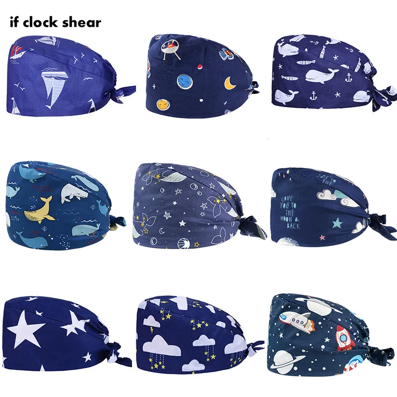 

Nursing caps adjustable cotton breathable stomatology pet grooming work hats cartoon Printing Unisex wholesale adjustable hats