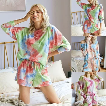 

2Pcs Casual fashion summer Women pajamas пижама женская Polyester Top Pants Sets Tie Dyed Print Long Sleeve Wear Suit h4