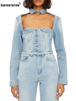 

Free shipping front chest hollowed lapel denim jacket ladies autumn new wash water old burrs personality short section tops