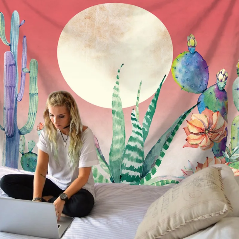 Colorful Cactus And Moon Psychedelic tapiz Printed Polyester Fabric Wall Decor Hanging Tapestry Gifts | Дом и сад