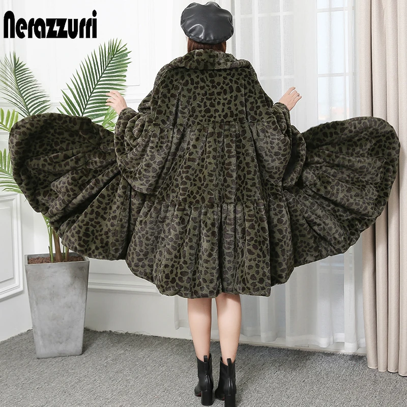 

Nerazzurri Winter leopard faux fur coat women loose oversized skirted furry fluffy jacket long leopard print runway streetwear