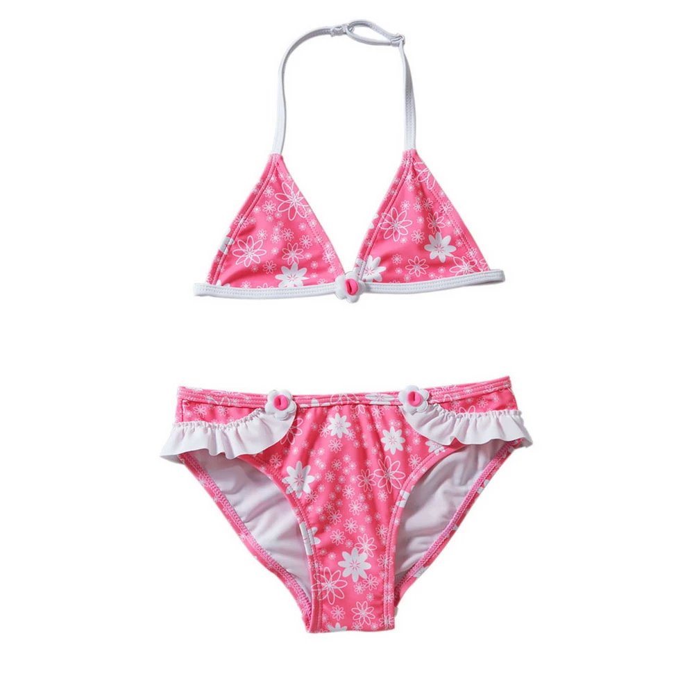 Детское бикини с цветочным принтом и оборками розовое для девочек подростков
