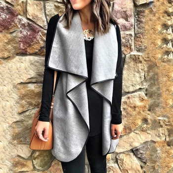 

Autumn Office Womens Vest Sleeveless Turn Down Collar Open Front Jackets Grey Slim Cardigan Winter Casual Women Long Waistcoat