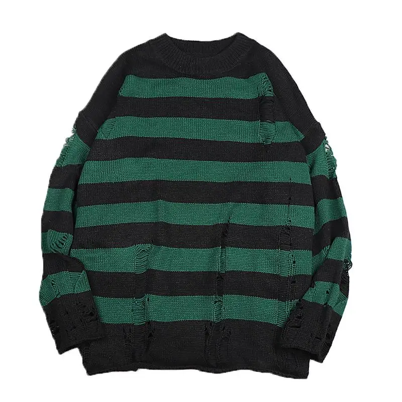 Black Stripe Sweaters Destroyed Ripped Sweater Men Pullover Hole Knit Jumpers Men Oversized Sweatshirt Harajuku Long Sleeve Tops 2