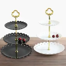 Assiette à gâteau en plastique, Plat à Dessert, assiette à fruits à trois couches, support à collation, support à gâteau détachable avec anneau doré, fournitures de fête, 1 pièce