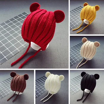 

Winter cartoon cute 2019 new kids hat Korean baby girls boys hat ear wool cap baby fall winter lace kids handmade cap hat