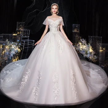 

Wedding Dress 2020 New Gryffon Luxury Short Sleeve O-neck Wedding Dress With Train Lace Up Ball Gown Princess Plus Size Dress