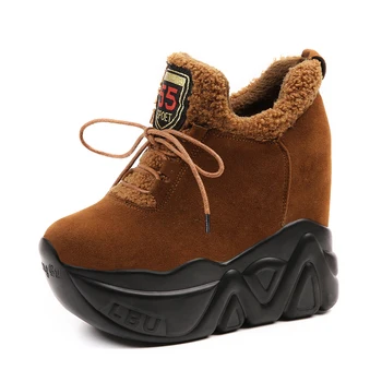 

New 2019 Winter Women Ankle Boots 11CM Heels High Top Wedge Boots Warm Fur Platform Leather Sneakers Cotton Snow Boots For Woman