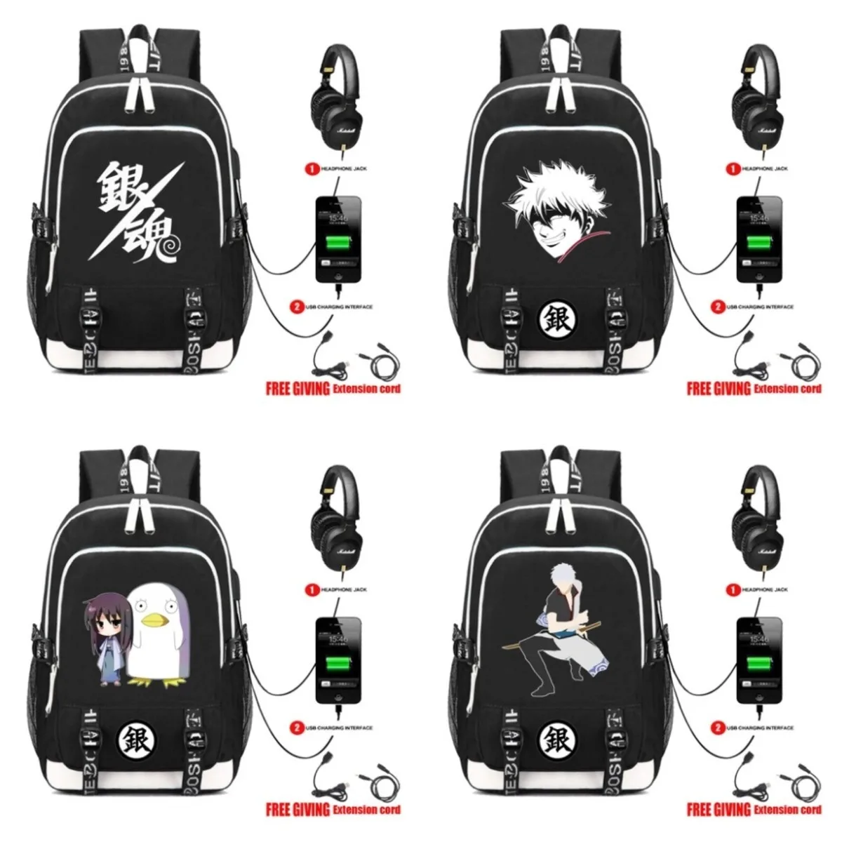 

multifunction USB charging backpack teenagers Men women's Laptop bag Student School book Bags travel Bags anime Gintama backpack