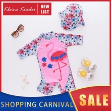 Детский купальник UPF50, детский купальник, Цельный купальник с шапкой, принт фламинго, одежда для купания для девочек, пляжный плавательный костюм