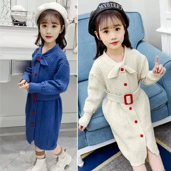 

Girl's sweater skirt 2019 new winter clothes for older children's fashion cardigan button sweater skirt ladies dress belt skirt