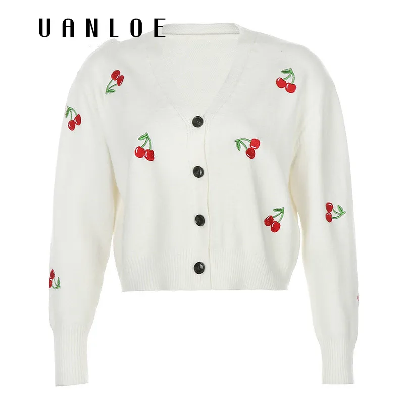 

Cute Cherry Embroidery Knitted Cropped Cardigan Autumn Jacket Women Warm Sweater Coat Knitwear Button Outerwear Harajuku