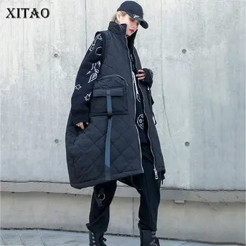 

XITAO Women Winter Sleeveless Coats Plus Size Vest Long Standing Collar Zipper Top Women Big Pocket Women Clothes 2019 XJ2222