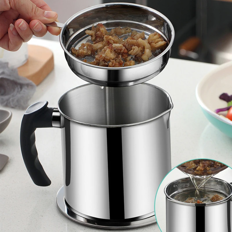 1.2L Kitchen Cooking Oil Filter Pot Soup Grease Stainless Steel Strainer Separator