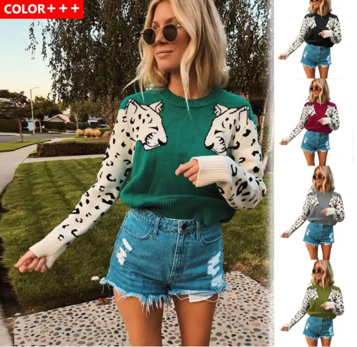 

Autumn Knitted Cropped Sweater for Women Leopard Pattern Long Sleeve Knitting Sweaters Pullovers Female 2020 Winter Loose Jumper