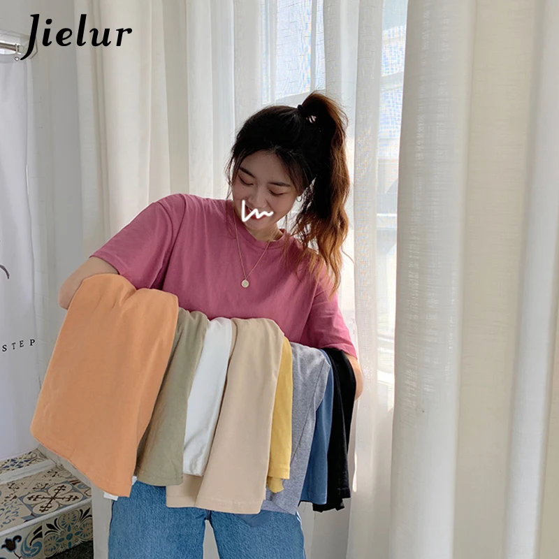 Jielur Базовая футболка женская однотонная одежда для детей с круглым вырезом Цвет 8