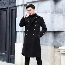 Осень-зима, модная военная форма, длинный черный Тренч, мужское модное двубортное шерстяное пальто с карманами