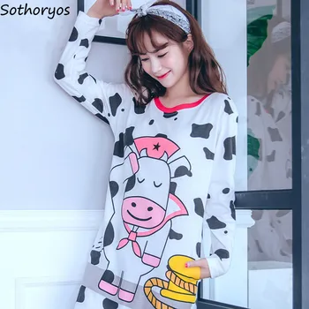 

Nightgrowns Women Lovely Kawaii Nightwear Female Long-sleeved Spring Autumn Winter Trendy Soft Womens Clothing Chic Casual Thin