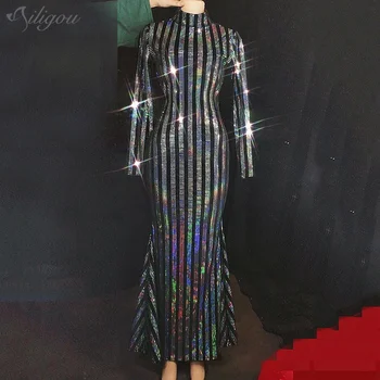 

Ailigou 2020 Winter New Elegant Women's Striped Sequined Long Sleeve High Neck Birthday Celebration Dress Long Party Dress
