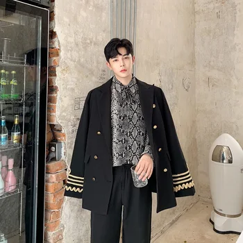 

Men Double Breasted Vintage Loose Casual Suit Blazer Coat Uniform Male Streetwear Hip Hop Suit Jacket Outerwear Stage Clothing