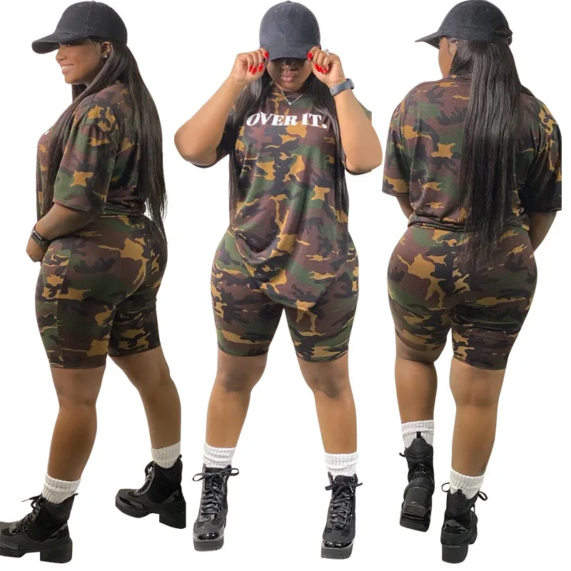 Print Camouflage Casual Suit Women Round Collar Loose T-shirt Top + Shorts 2 Pieces, Summer Trend New Alphabet Camouflage Suit