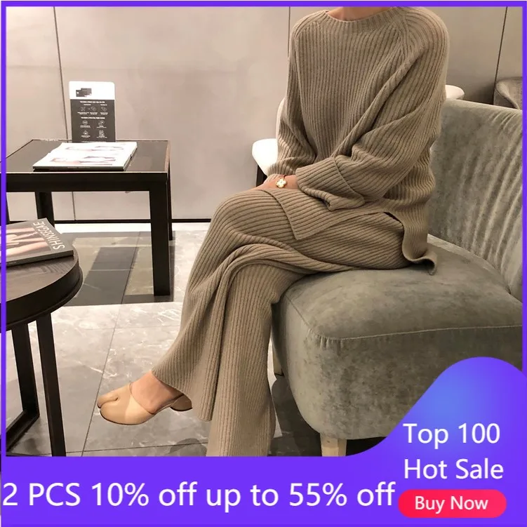 two pieces sets for women retro winter warm split loose pullovers sweater +pants suit knitting wide legg trousers 906#| |   - AliExpress