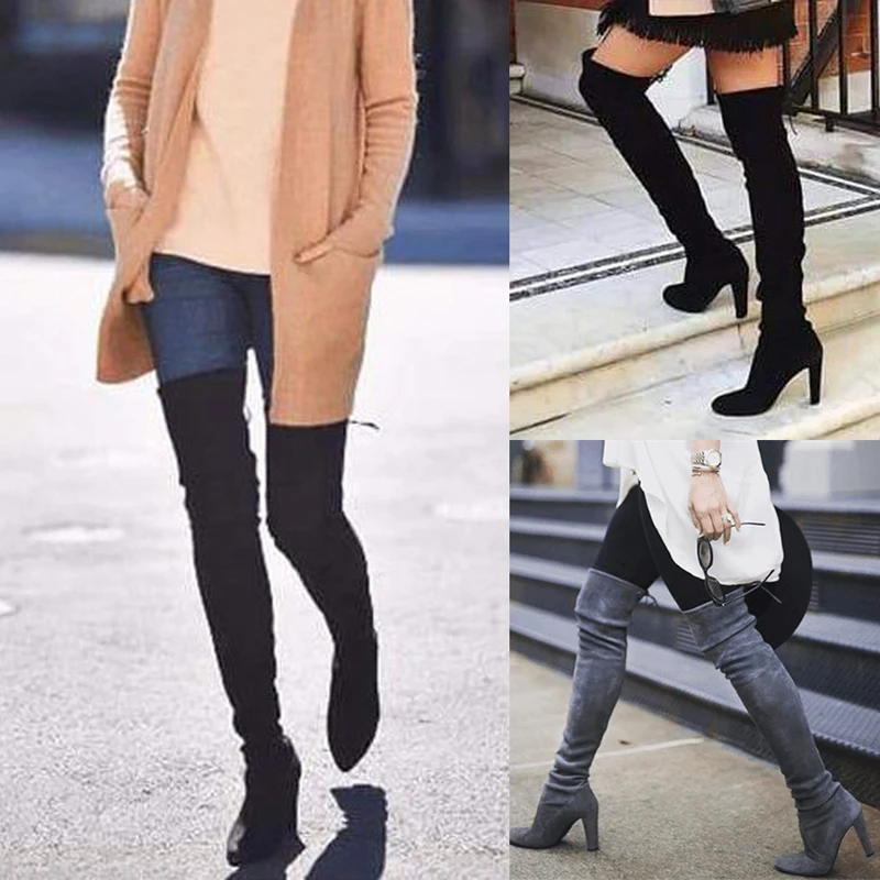 Женские ботфорты выше колена зимняя обувь без застежки Универсальные однотонные сапоги на тонком высоком каблуке с острым носком Размеры 35-43