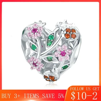 

CodeMonkey 925 Sterling Silver Heart Shape Charm for Women Jewelry Making Pink Flower Beads for Original Bracelet Bangle CMC117