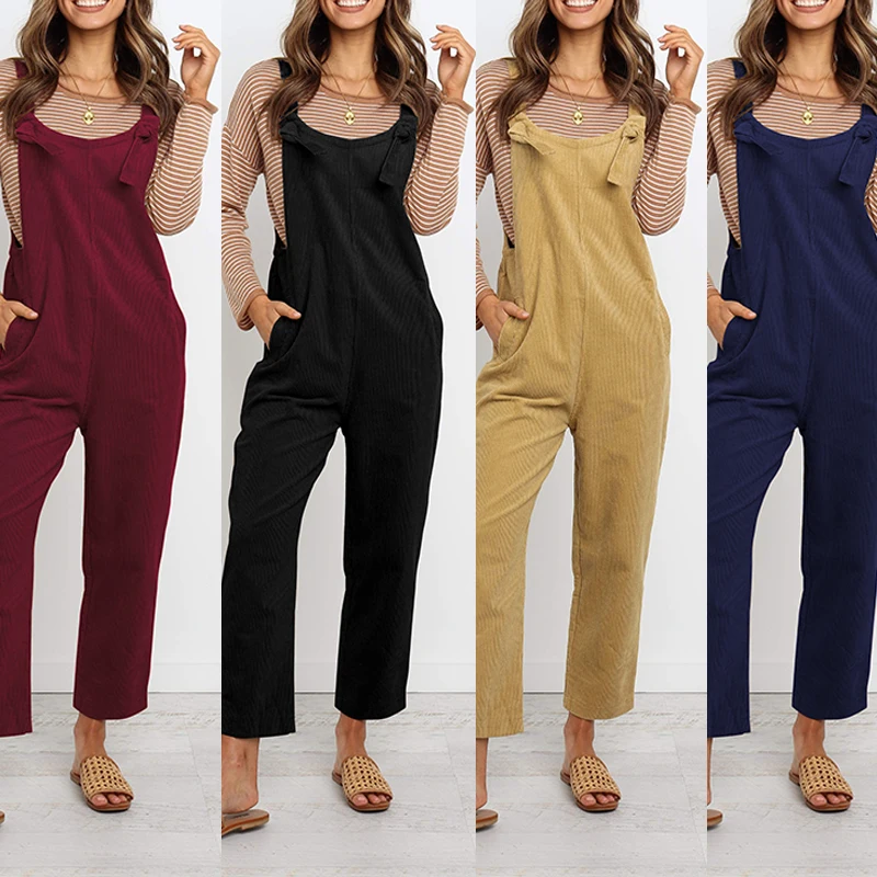 Womens Sleeveless Jumpsuit  Ladies Slim Fit Playsuit Trousers Overalls Women Spaghetti Strap Playsuit Corduroy Solid Dungarees