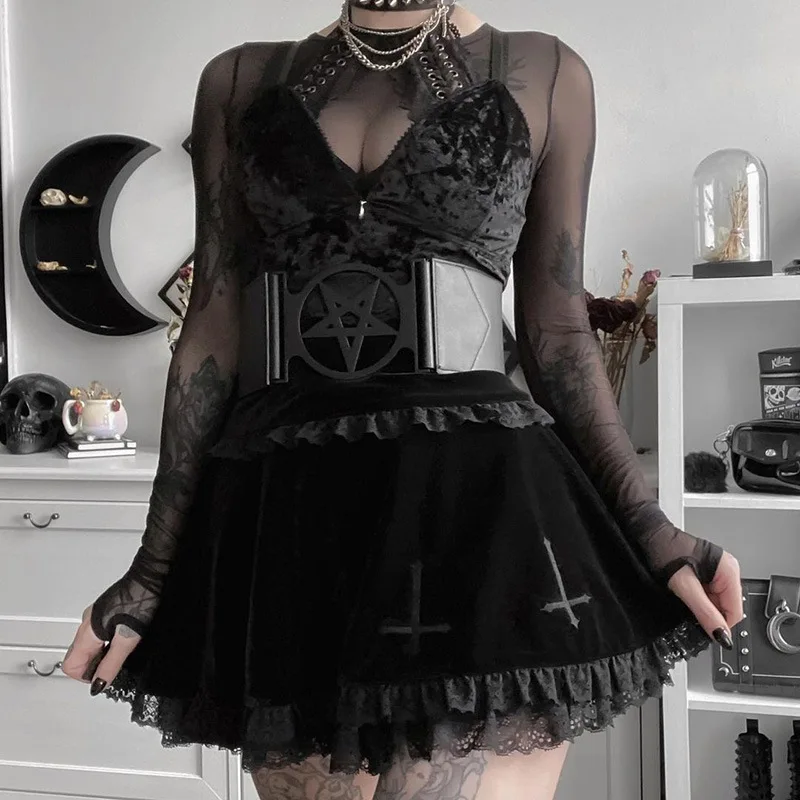 Gothic Dark Black Dress Women Harajuku Streetwear Cross Embroidery ...