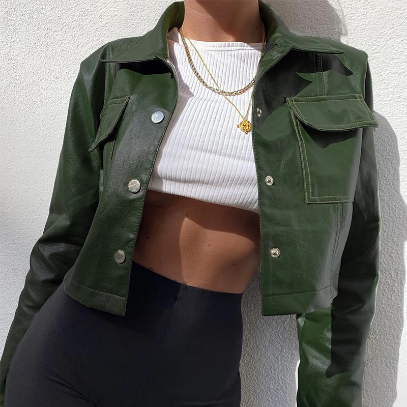 Very best  Sweetown Bomber Leather Jackets Long Sleeve Women Coats Pocket Short Outerwear Fashion 2019 Autumn 