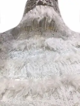 

Wholesale French fringed lace fabric with feather high quality handmade African glitter sequined fabric for royal wedding dress