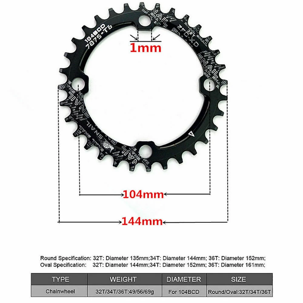 Bicycle 104mm BCD MTB Bike Chainring Narrow Wide Chainwheel 32/34/36/38/40/42T