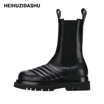 

2020 Chunky Heel Platform Boots Women Ankle boots Women Round toe Wave Pattern Flat Chelsea boots Elastic Band Runway Shoes