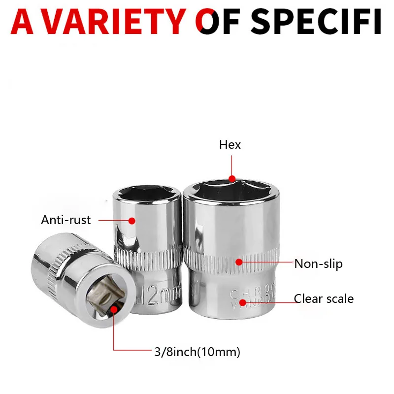 3/8" Drive Hex Short Socket Wrench Head Anti-rust 6 Point Socket Set Adapter Torque Spanner Ratchet Socket Wrench Nut Removal 2