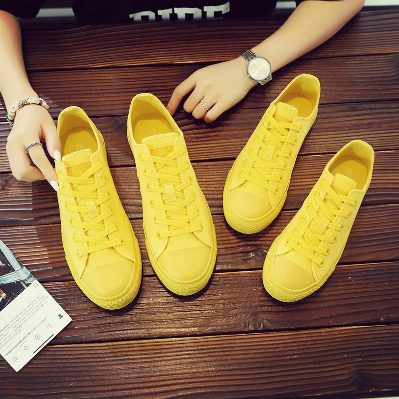 Women Yellow Sneakers Girls White Canvas Shoes Low Top Lace Up Flat ...