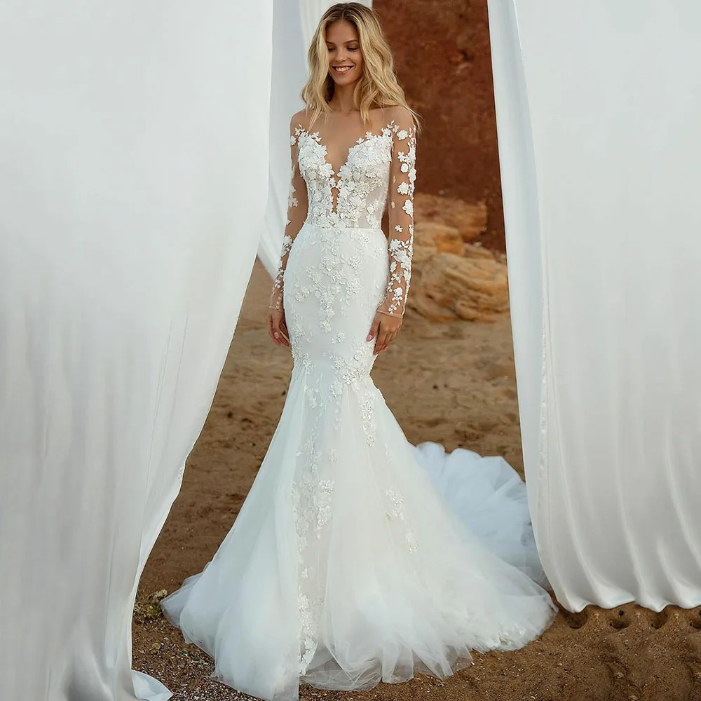 SoDigne vestido de novia de lujo, con cola desmontable, Apliques de encaje, manga  larga, estilo bohemio, sin espalda, sirena|Vestidos de novia| - AliExpress