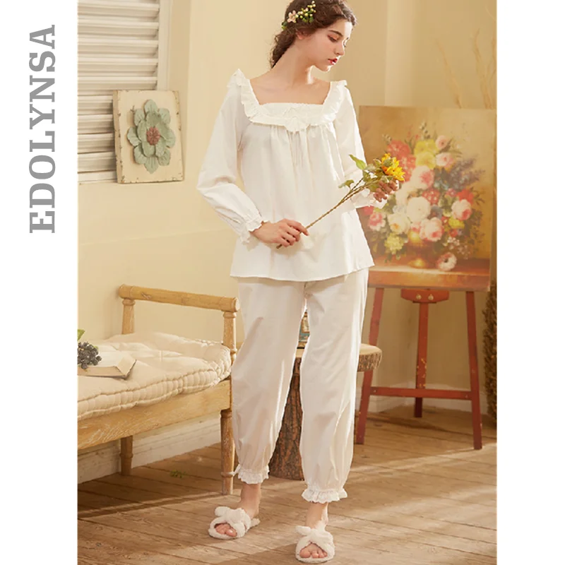 White Cotton Pajamas Sets Women Home Wear Casual Long Sleeve 2 Pieces Sleepwear Suit Sexy Spring 