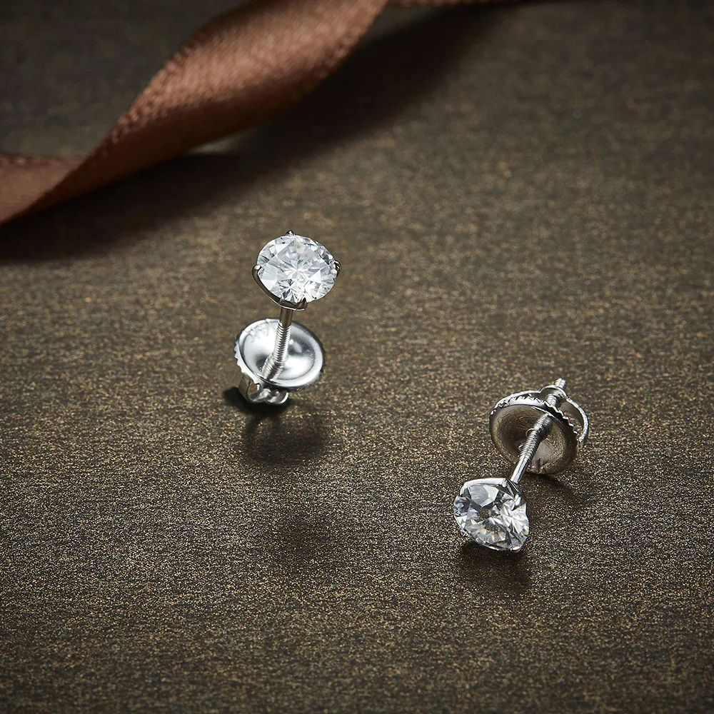 Solid 14K 585 White Gold D E Color Round Moissanite Diamond Stud Earring Screw Back For women Classic Ladies Earrings Gold